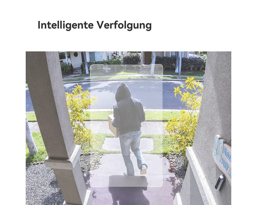 Überwachungskamera-Ansicht mit intelligenter Verfolgung einer Person mit Paket durch einen digitalen Rahmen.