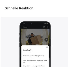 Smartphone mit App für Video-Türklingel zeigt Live-Bild eines Paketboten sowie Menü für schnelle Reaktionen und automatische Sprachantworten.