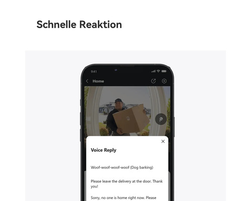 Smartphone mit App für Video-Türklingel zeigt Live-Bild eines Paketboten sowie Menü für schnelle Reaktionen und automatische Sprachantworten.