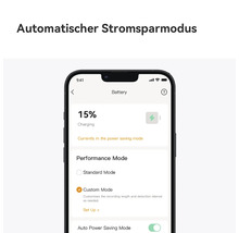 Smartphone App Ansicht für den automatischen Stromsparmodus mit Akkuverwaltung und Ladestandsanzeige von 15 Prozent.