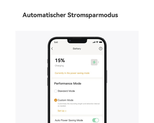 Smartphone App Ansicht für den automatischen Stromsparmodus mit Akkuverwaltung und Ladestandsanzeige von 15 Prozent.
