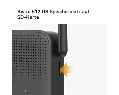SD-Kartenslot an einem schwarzen Gerät für bis zu 512 Gigabyte Speicherplatz.