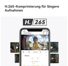 Smartphone mit Überwachungskamera-App zeigt Video-Verlauf und H.265 Logo für längere Aufnahmen durch effiziente Komprimierung.