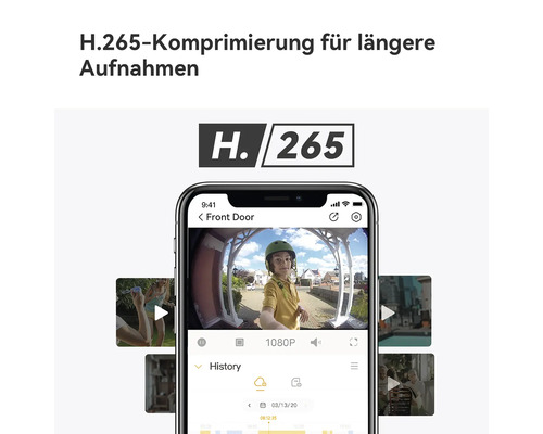 Smartphone mit Überwachungskamera-App zeigt Video-Verlauf und H.265 Logo für längere Aufnahmen durch effiziente Komprimierung.