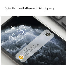 Smartphone zeigt eine Imou Life App Benachrichtigung über eine erkannte Person in Echtzeit innerhalb von null Komma drei Sekunden.