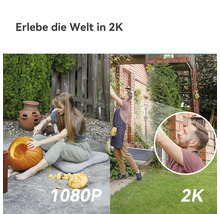 Vergleich der Kameraauflösung zwischen 1080P und 2K, dargestellt durch Szenen im Garten und beim Kürbisschnitzen mit hoher Detailgenauigkeit.
