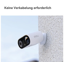 Kabellose IMOU Sicherheitskamera an einer Außenwand montiert, keine Verkabelung erforderlich.