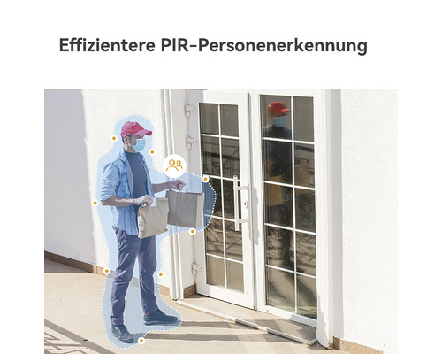 Effiziente Passiv-Infrarot-Personenerkennung durch Markierung einer Person mit Einkaufstüten vor einer Hauseingangstür.