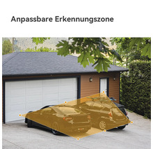 Eine Garage mit zwei geparkten Autos und einer gelb markierten, anpassbaren Erkennungszone für eine Sicherheitskamera.