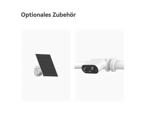 Optionales Zubehör für Überwachungskameras: Solarpanel mit Wandhalterung und Kamera mit flexibler Mastbefestigung.