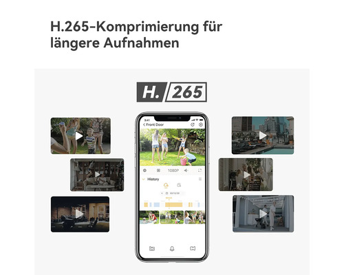 Smartphone zeigt App für Videoüberwachung mit H.265 Komprimierung für längere Aufnahmen und eine Übersicht verschiedener Videosequenzen.