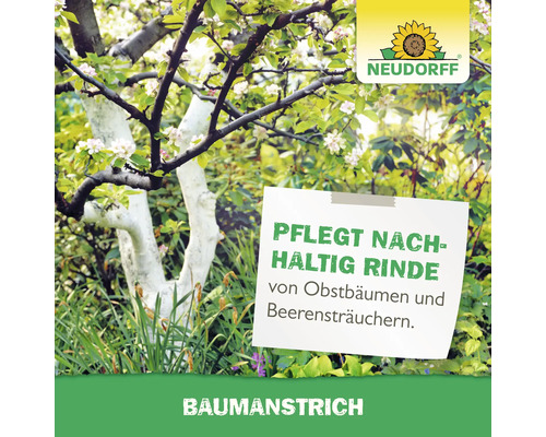 Obstbaumstamm mit weißem Schutzanstrich im Garten, Neudorff Logo und Text zur nachhaltigen Rindenpflege durch Baumanstrich.
