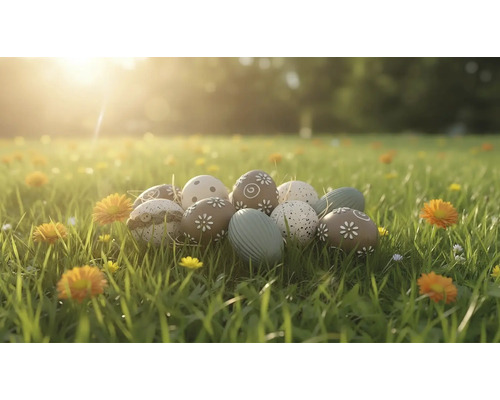 Dekorative Ostereier mit verschiedenen Mustern wie Blumen und Punkten liegen in einer sonnigen Wiese mit Gras und Blumen.