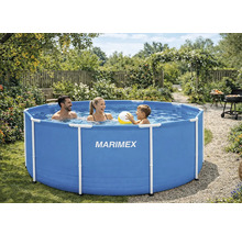 Rundes Marimex Rahmen-Schwimmbecken im Garten mit einer Familie, die im Wasser spielt. Hell und sonnig.