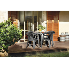 Gartenmöbel-Set aus Kunststoff mit ovalem Tisch und Armlehnstühlen auf einer sonnigen Holzterrasse vor dem Haus.