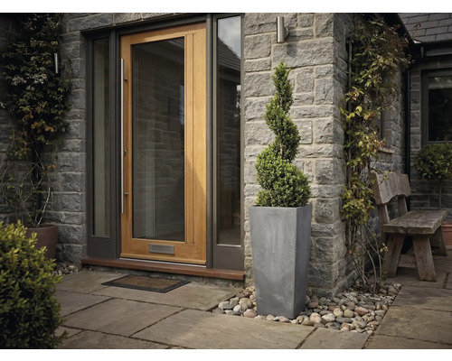 Moderner Hauseingang mit Holz-Haustür, Natursteinwand, hohem Pflanzgefäß und spiralförmig geschnittenem Buchsbaum.