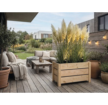 Moderner Terrassenbereich mit großem Holzpflanzkasten mit Pampasgras, Loungemöbeln, Couchtisch und stimmungsvoller Außenbeleuchtung.