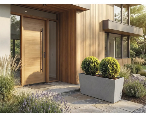 Heller, moderner Eingangsbereich mit Holztür, Holzfassade und einem großen grauen Pflanzkasten mit zwei runden Buchsbäumen auf Steinplatten.