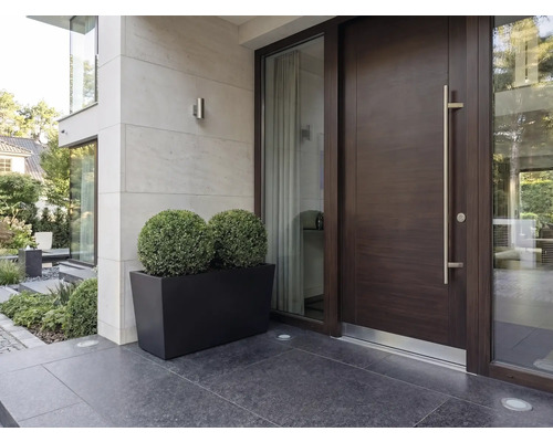 Moderner Eingangsbereich mit einer dunklen Holz-Haustür, langem Metallgriff, Seitenfenstern und einem schwarzen rechteckigen Pflanzkasten mit zwei kugeligen grünen Pflanzen.