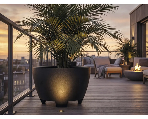 Großer strukturierter schwarzer Pflanzkübel mit Palme auf moderner Dachterrasse mit Holzdeck, Loungemöbeln und Feuerschale bei Sonnenuntergang.