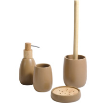 Badezimmer-Set bestehend aus Seifenspender, Zahnputzbecher, Seifenschale und Toilettenbürstengarnitur aus Keramik mit Holz-Elementen.