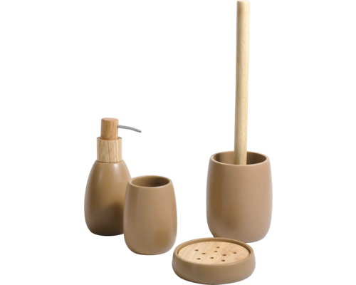 Badezimmer-Set bestehend aus Seifenspender, Zahnputzbecher, Seifenschale und Toilettenbürstengarnitur aus Keramik mit Holz-Elementen.