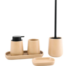 Badezimmer-Set bestehend aus Seifenspender, Zahnputzbecher, Ablageschale, Seifenschale und WC-Bürstengarnitur in Beige mit schwarzen Akzenten.