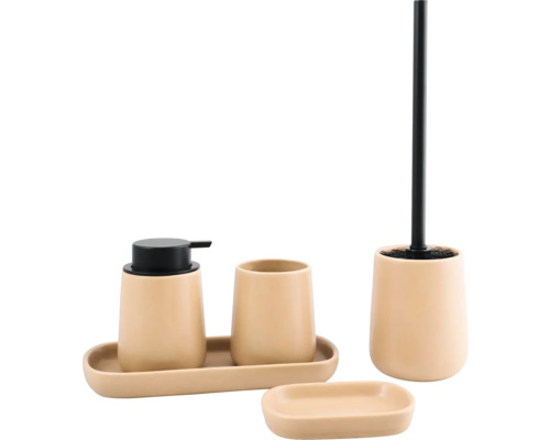 Badezimmer-Set bestehend aus Seifenspender, Zahnputzbecher, Ablageschale, Seifenschale und WC-Bürstengarnitur in Beige mit schwarzen Akzenten.