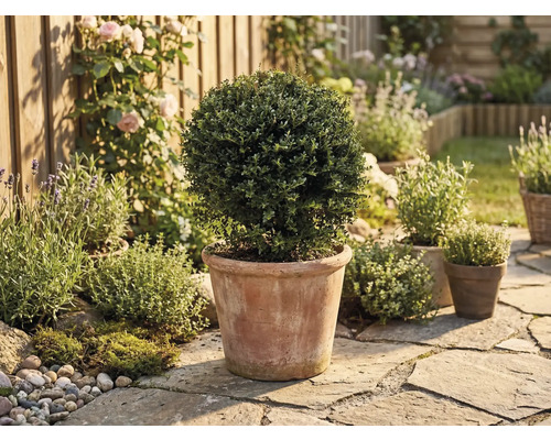Formgehölz Buchsbaumkugel im Tontopf in einem sonnigen Garten mit Steinpflaster, Lavendel und Rosen an einem Holzzaun.