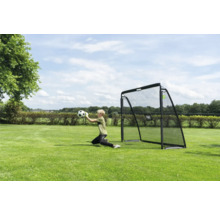 Ein Kind fängt einen Fußball vor einem schwarzen Fußballtor auf einem grünen Rasen in einem hellen, sonnigen Garten.