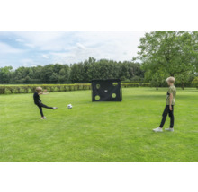 Kinder spielen Fußball im Garten mit einem Fußballtor und einer Torwand auf einer Rasenfläche.