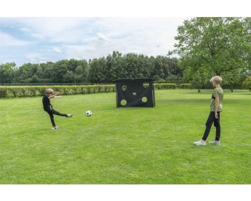 Kinder spielen Fußball im Garten mit einem Fußballtor und einer Torwand auf einer Rasenfläche.