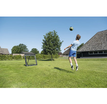 Ein Junge spielt Fußball auf einem grünen Rasen mit einem schwarzen tragbaren Fußballtor in einem weitläufigen Garten.