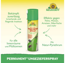 Neudorff Permanent Ungezieferspray gegen fliegende und kriechende Insekten in Innenräumen und Mülltonnen mit Natur-Pyrethrum. Neudorff Logo.