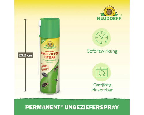 Insektenspray Neudorff Permanent, Höhe 23,2 Zentimeter, mit Sofortwirkung und ganzjährig einsetzbar gegen Ungeziefer. Neudorff Logo.