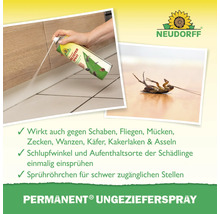 Anwendung von Neudorff Permanent Ungezieferspray mit Sprühröhrchen an einer Bodenfuge. Abbildung einer toten Kakerlake. Neudorff Logo.