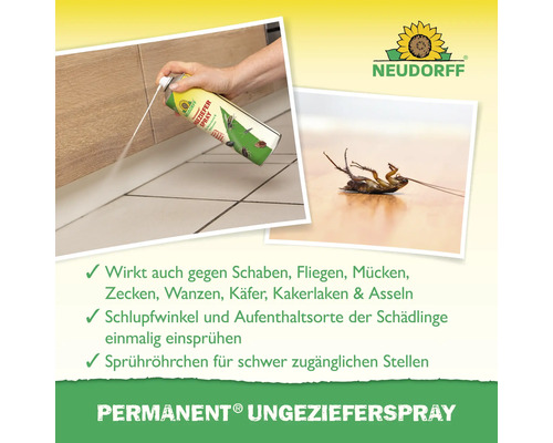 Anwendung von Neudorff Permanent Ungezieferspray mit Sprühröhrchen an einer Bodenfuge. Abbildung einer toten Kakerlake. Neudorff Logo.