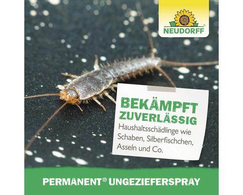 Neudorff Permanent Ungezieferspray bekämpft zuverlässig Haushaltsschädlinge wie Silberfischchen, Schaben und Asseln. Neudorff Logo.