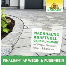 Gepflasterte Terrasse mit Blumenbeet, Neudorff Logo und Text zu Finalsan AF Wege- und Fugenrein gegen Unkraut.