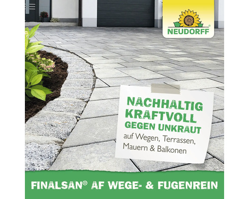 Gepflasterte Terrasse mit Blumenbeet, Neudorff Logo und Text zu Finalsan AF Wege- und Fugenrein gegen Unkraut.