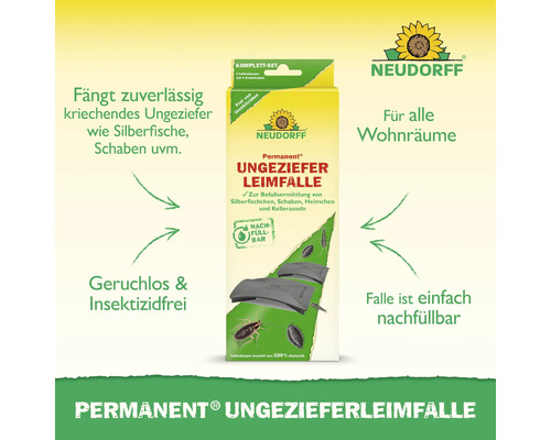Neudorff Permanent Ungeziefer Leimfalle, insektizidfreie Klebefalle für Silberfische und Schaben, geruchlos und nachfüllbar. Neudorff Logo.