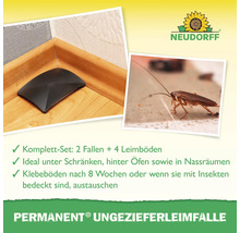 Neudorff Permanent Ungezieferleimfalle zur Bekämpfung von Kakerlaken. Abbildung einer Falle in einer Zimmerecke und einer Schabe. Neudorff Logo.