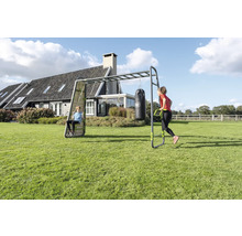 Outdoor-Fitnessstation und Spielgerüst mit Hangelleiter, Schaukel, Turnringen und Boxsack in einem weitläufigen Garten.