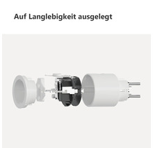 Explosionsdarstellung eines Steckers mit sichtbaren Innenteilen und dem Text Auf Langlebigkeit ausgelegt.