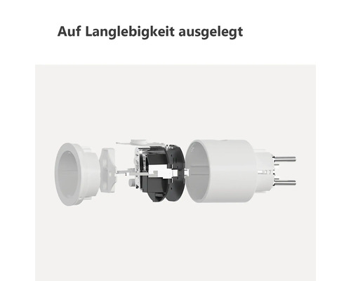 Explosionsdarstellung eines Steckers mit sichtbaren Innenteilen und dem Text Auf Langlebigkeit ausgelegt.