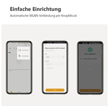 Drei Smartphones zeigen den schrittweisen Einrichtungsprozess einer Smart Home App vom Scannen eines Codes bis zur erfolgreichen Verbindung.