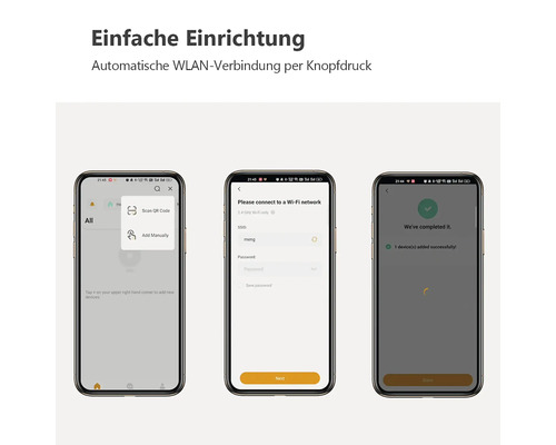 Drei Smartphones zeigen den schrittweisen Einrichtungsprozess einer Smart Home App vom Scannen eines Codes bis zur erfolgreichen Verbindung.