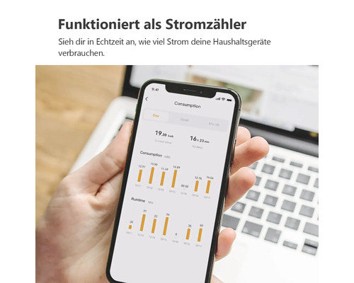 Eine Hand hält ein Smartphone, auf dem eine App den Energieverbrauch und die Laufzeit von Haushaltsgeräten in Diagrammen anzeigt.