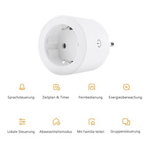 Smarter WLAN-Zwischenstecker mit Sprachsteuerung, Zeitschaltuhr, Fernbedienung, Energieüberwachung, Abwesenheitsmodus und Gruppensteuerung.