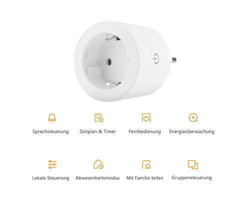 Smarter WLAN-Zwischenstecker mit Sprachsteuerung, Zeitschaltuhr, Fernbedienung, Energieüberwachung, Abwesenheitsmodus und Gruppensteuerung.